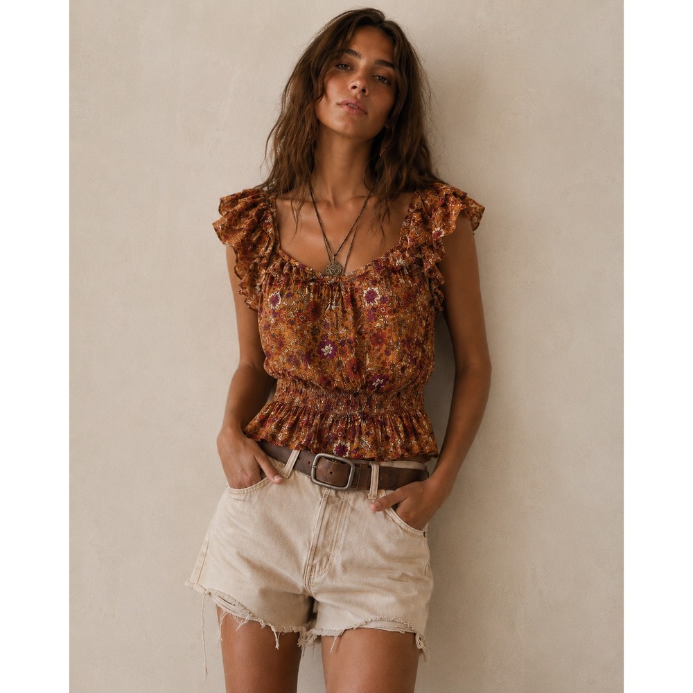 Luna Moon Women Smocked Floral Boho Top Orange Ruffle Cap Sleeve Square Neck S